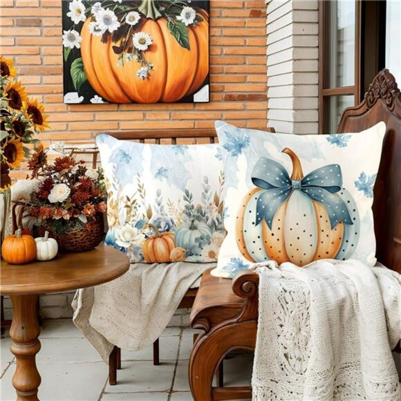 Fall Pumpkin Pillow Covers Set of 4 Velvet 18x18 Blue Orange Decorative Cushions - Picture 7 of 8
